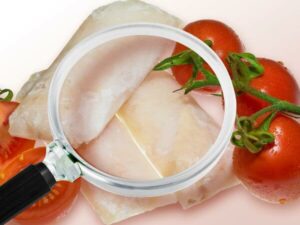 Lente di ingrandimento per il controllo di pomodori e carne