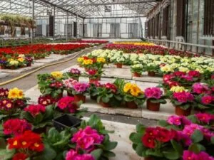 fiori e piante depositati in una serra per la cura