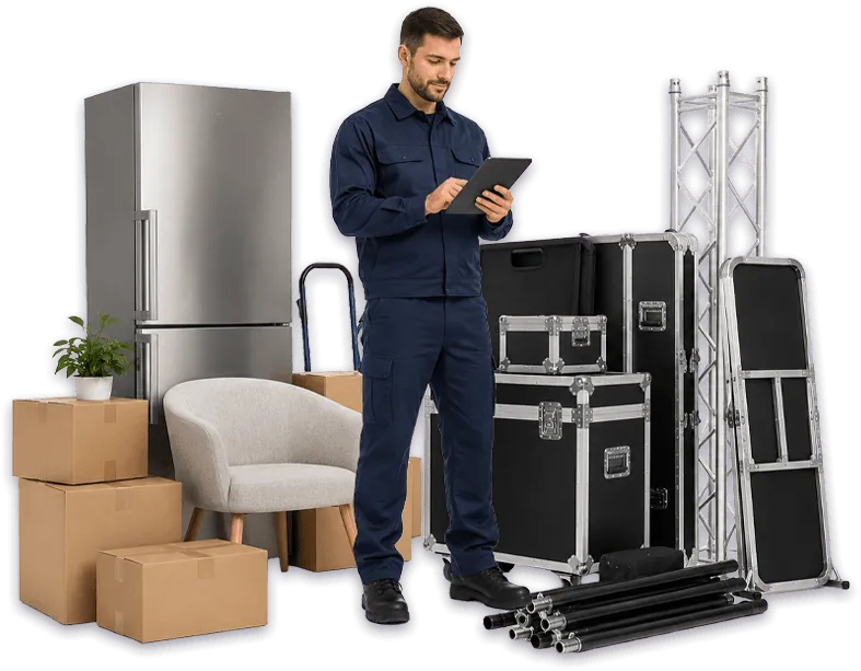 Traslocatore con tablet tra scatole ed elettrodomestici