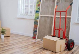 carrello rosso per il trasloco con scatolone sopra