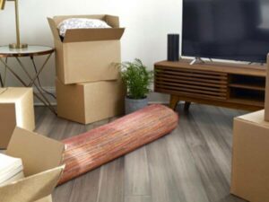 stanza di una casa con televisore mobili scatoloni e tappeto da traslocare